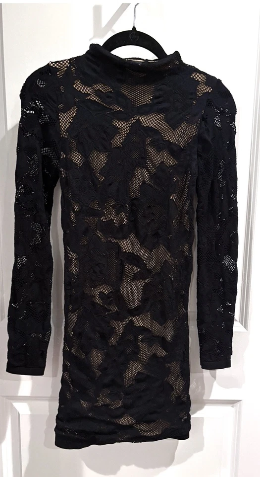 Vestido Bebe Mini Talla M/L Negro Beige Encaje Malla Bodycon Cuello Simulado Manga Larga  Foto 2 de 4