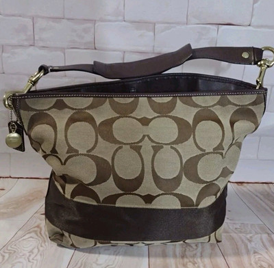 Coach Signature Logo Brown/Beige Hobo Shoulder Bag Zip Adjustable Strap Charm