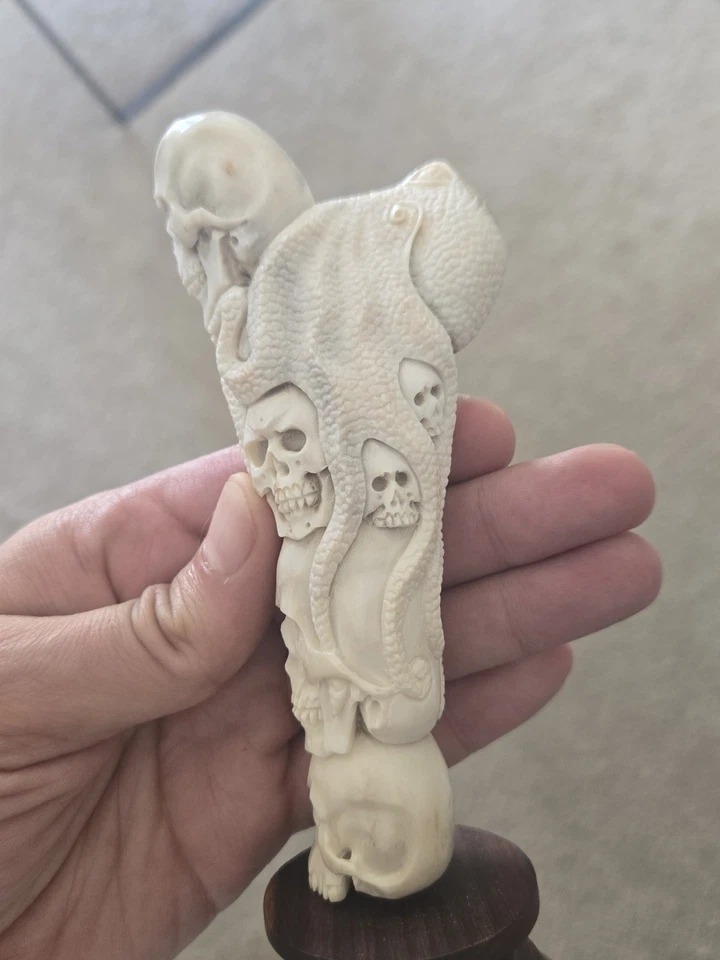 THE KRAKEN Hand Carved Antler Carving Statue Octopus Skull Squid Nautical Decor - Image 4 of 4