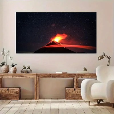 Volcano Eruption Under Starry Night Sky Unframed Canvas Painting for Living