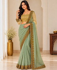 Handmade Women Green  Gold Saree w/ Embroidered Border  Matching Choli