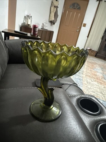 Vintage Indiana Carnival Glass Iridescent Green Lotus Compote MidCentury Modern