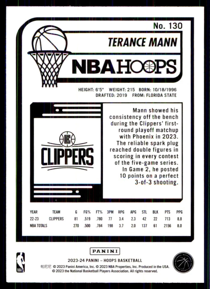 2023-24 Hoops Terance Mann Los Angeles Clippers #130 - Image 2 of 2