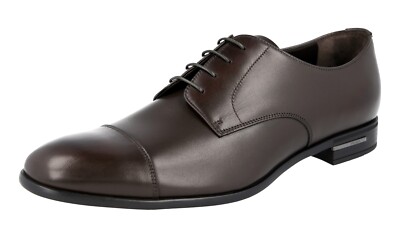 PRADA Cap Toe Derby Dress Shoes - 2EC122 Logo Heel Brown NEW -  US 8.5 EU 41,5