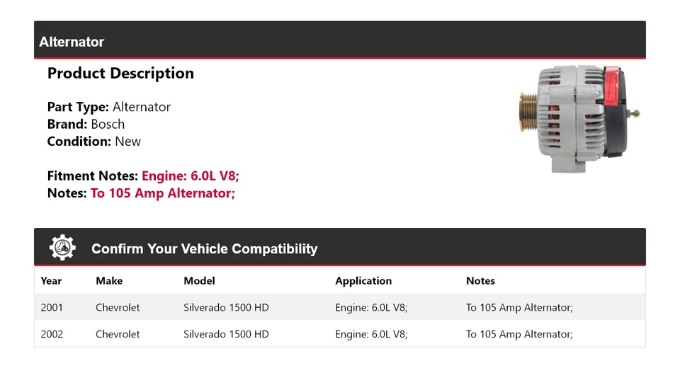 Alternador Bosch para Chevrolet Silverado 1500 HD 2001-2002 6,0 L V8 (Nuevo) Foto 2 de 4