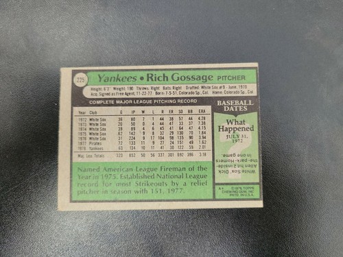 1979 Topps Baseball # 225 Rich Gossage ⚾️ Yankees ⚾️ - Picture 6 of 6