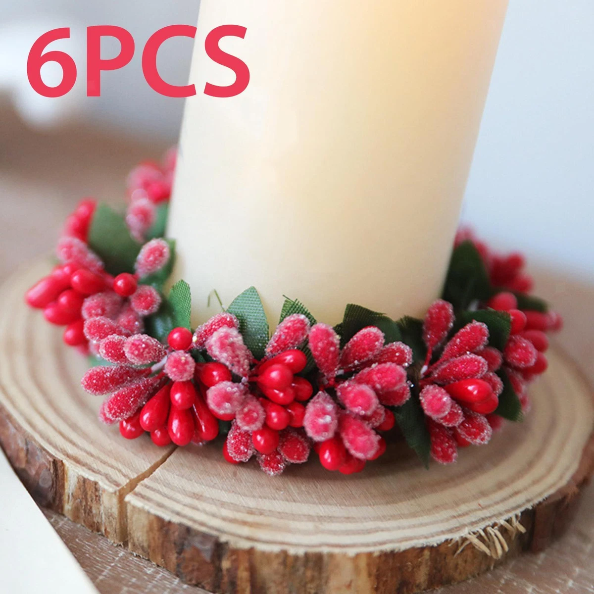 6Pcs Red Berries Candle Ring Wreath Pillar Candle Holder Small