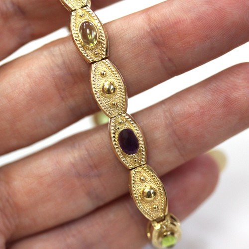 3 ctw Natural Purple Amethyst & Green Peridot Solid 14k Yellow Gold Bracelet 7" - Picture 10 of 10
