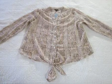 Ann Taylor Factory Womens Top Size MP Semi Sheer Tie Front Brown Print