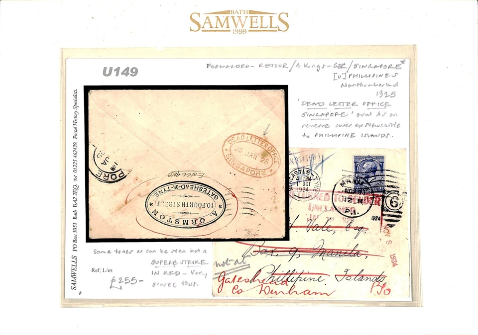 GB RETOUR Cover Forwarded *SINGAPORE DEAD LETTER* Oval PHILIPPINES 1925 U149 - Image 3 of 4