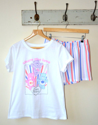 EX CARE BEARS WEISSES TOP + LOGO + BONBON GESTREIFTER KURZER PYJAMA 2-TEILIGES SET GRÖSSE 8/10