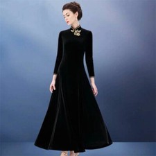 Donna Velluto Maxi Abito Cinese Tradizionale Stile Tunica Cheongsam