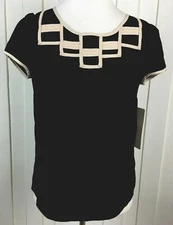 Doe & Rae Black Knit Top Beige Trim Short Sleeve Keyhole Stretch Women Size S