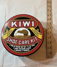 Vintage Kiwi Shoe Care Kit Metal Tin 7" Round  Partially Unused Contents Vtg