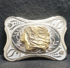 WH01111 VINTAGE 1970s INDAIN CHIEF W/ FULL HEADDRESS NATIVE AMERICAN BELT BUCKLE