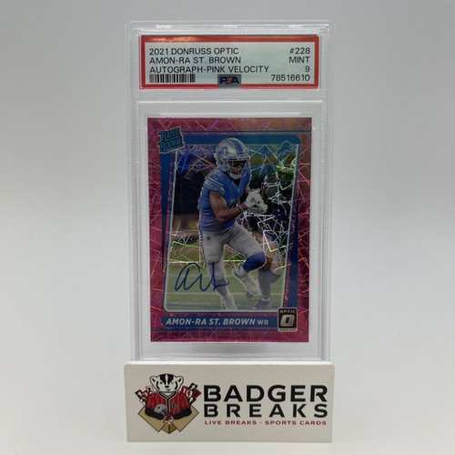 AMON-RA ST. BROWN 2021 DONRUSS OPTIC ROOKIE PINK VELOCITY RC AUTO /50 PSA 9 BR