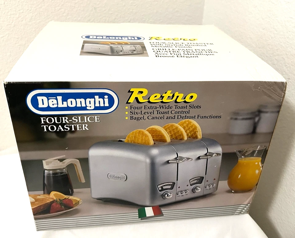 NEW IN BOX DeLonghi RT400 Retro 4-Slice Toaster /Bagel /Defrost - Wide/Long Slot - Image 2 of 4