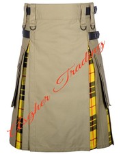Handmade Khaki With MacLeod Of Lewis Tartan Hybrid Utility Kilt Custom Size Kilt