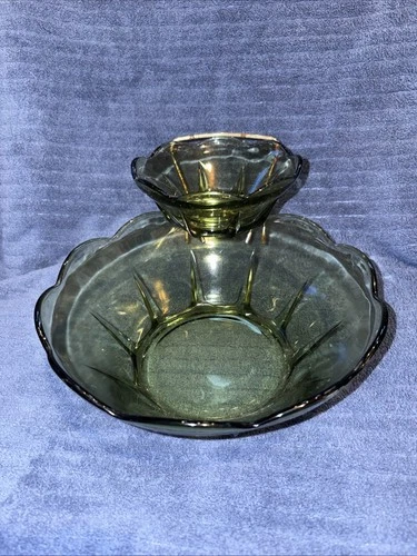 Vintage Anchor Hocking Chip Dip Swedish Avocado Green Scallop Bowl Set 3-Piece