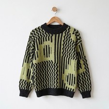 Vintage Arellle Sweater Made In USA Yellow Black Knit Abstract Print Medium 80s