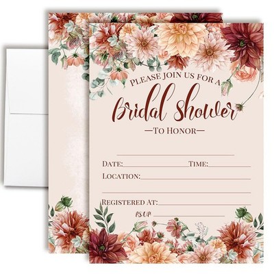 Boho Burgundy Floral Bridal Shower Invitations - 20 Rustic Fall Fill In 5x7 C...