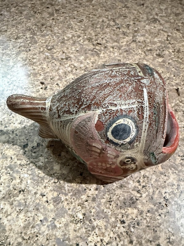 Vintage Terra Cotta Big Mouthed Fish Pottery Hand Painted Talavera Style