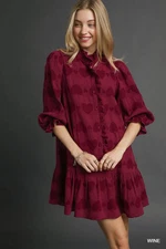 Wine Umgee Ruffle Trim Heart Jacquard Print Babydoll Dress Long Puff Sleeves