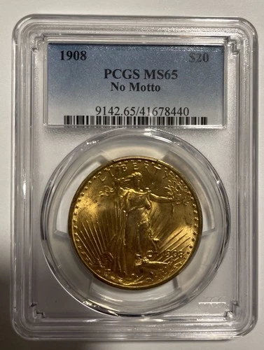 1908 No Motto $20 Saint Gaudens Gold Double Eagle - PCGS MS65
