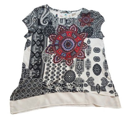 Desigual Women's L Tunic Top Patchwork Mandala Jeweled White Black Red Layers