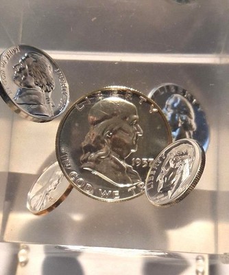  1957 U.S. MINT 5 Coin Proof Set 90% Silver Coins Lucite Paperweight
