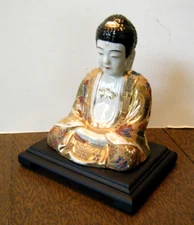 11" Large Vintage Japanese Satsuma Pottery Sitting Buddha Figure Statue & Stand