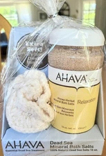 AHAVA Dead Sea Mineral Bath Salts Honey Herbal Gift Set w/Bath Puff New In Pk