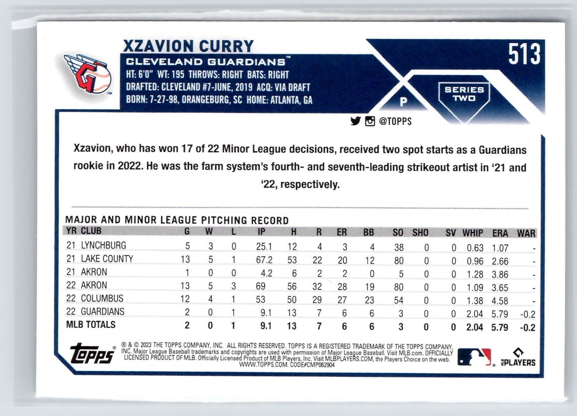 2023 Topps #513 Xzavion Curry RC Baseball Card Cleveland