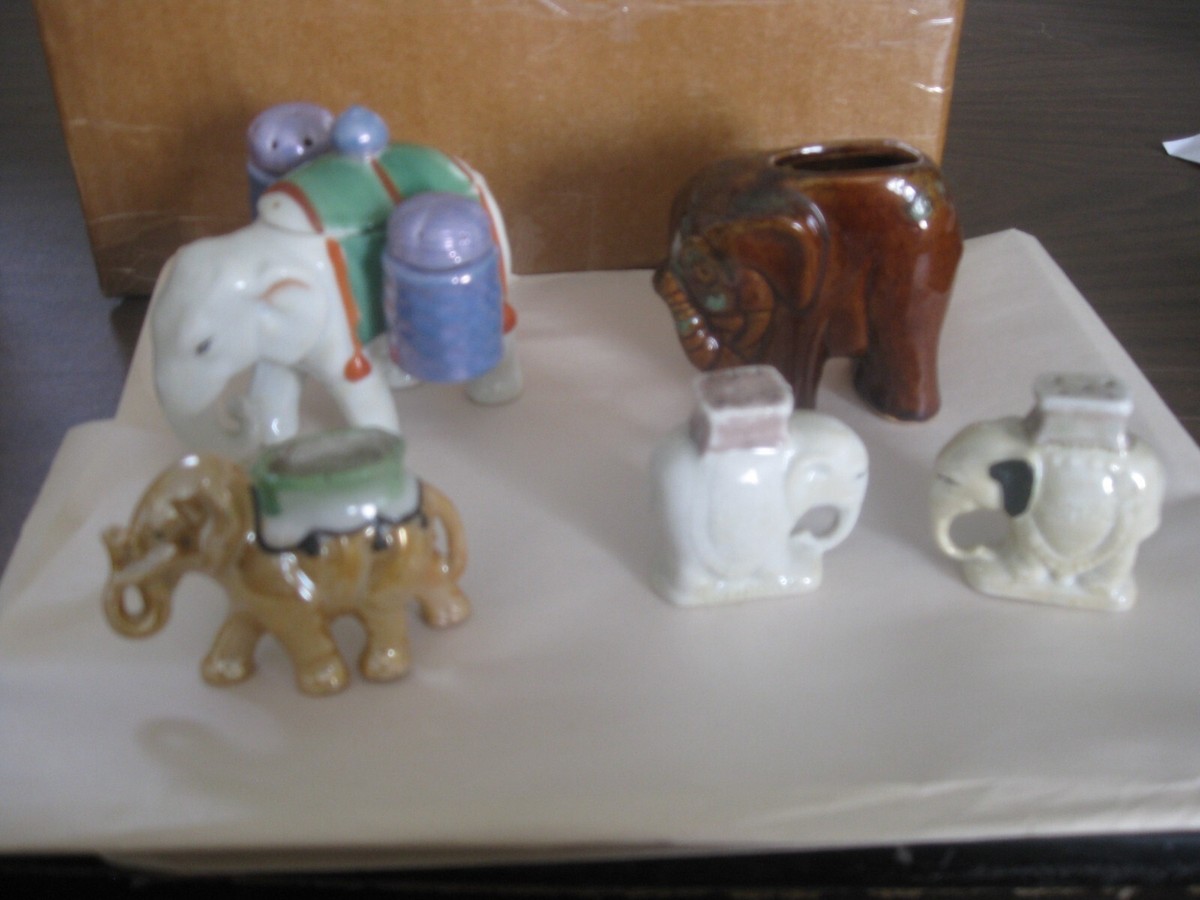 陶器　エレファント 4 Vtg ELEPHANT Kitchen Tableware Ceramic Figures Japan Salt