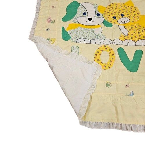70s Retro Kitschy Dog Cat Yellow Baby Quilt Blanket Bunny Butterfly Ruffle Trim - Picture 4 of 11