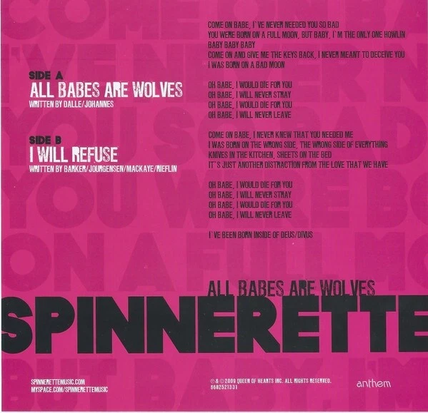 SPINNERETTE All Babes Are Wolves 7" on WHITE VINYL I Will Refuse /500 NEW - Image 2 of 2