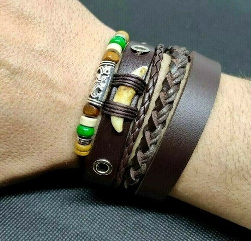 Set 3 bracciali uomo bracciale in pelle con corda intrecciata donna braccialetti - Foto 3 di 6