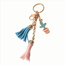 Women's Cactus Keychain Double Tassel Pink And Blue Purse Fob Keyring