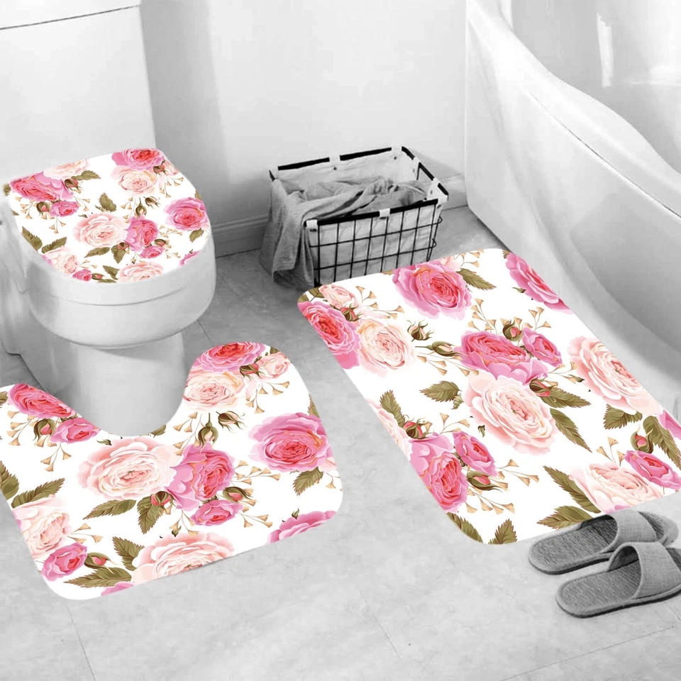 Alfombras de cortina de ducha rosa cubierta de tapa de inodoro alfombra de baño con 12 ganchos Foto 4 de 4