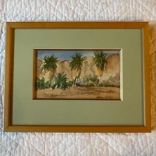 Vintage 70s abstract landscape watercolor painting by Gillick framed palm trees 