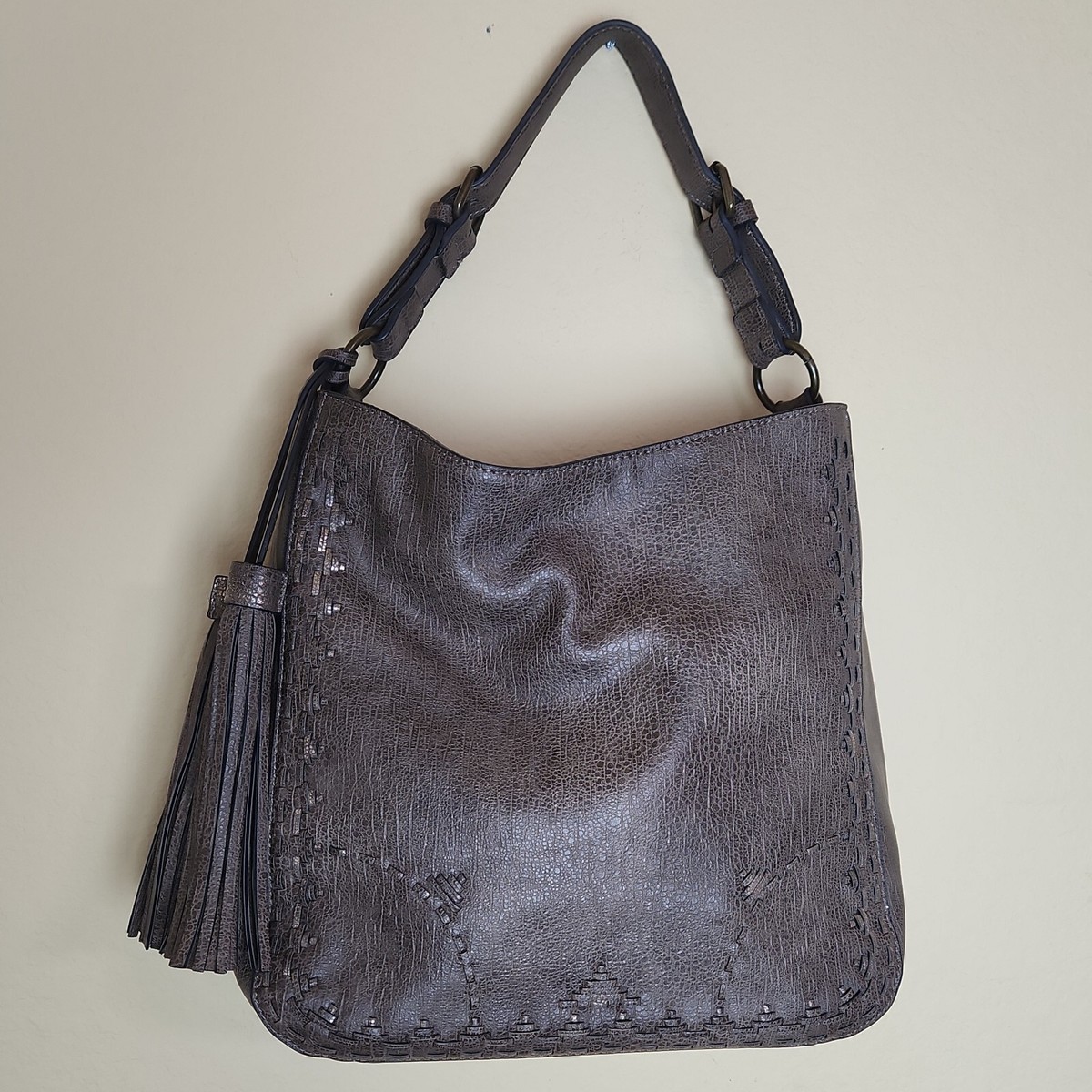 Sondra Roberts Squared Shoulder Bag tote boho grey travel tassel