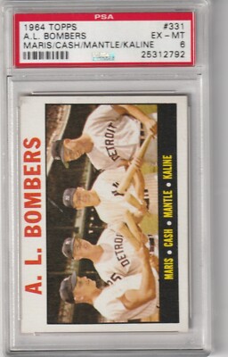 1964 Topps AL Bombers #331, Maris/Cash/Mantle/Kaline, PSA EX-MT 6