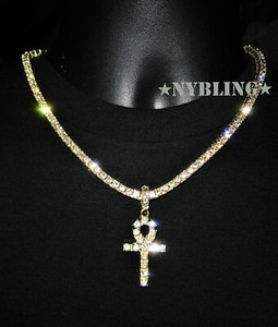 Authentic 14k Gold Plated Tennis Chain Choker w/ ANKH Pendant ICED CZ Hip Hop Necklace 5MM