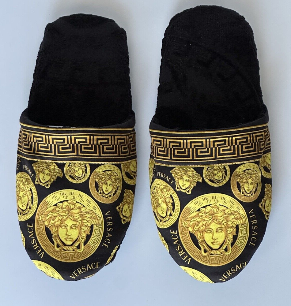 Versace Medusa Head Cotton Bath Slippers Black/Gold Medium ZSLB00002 NWT