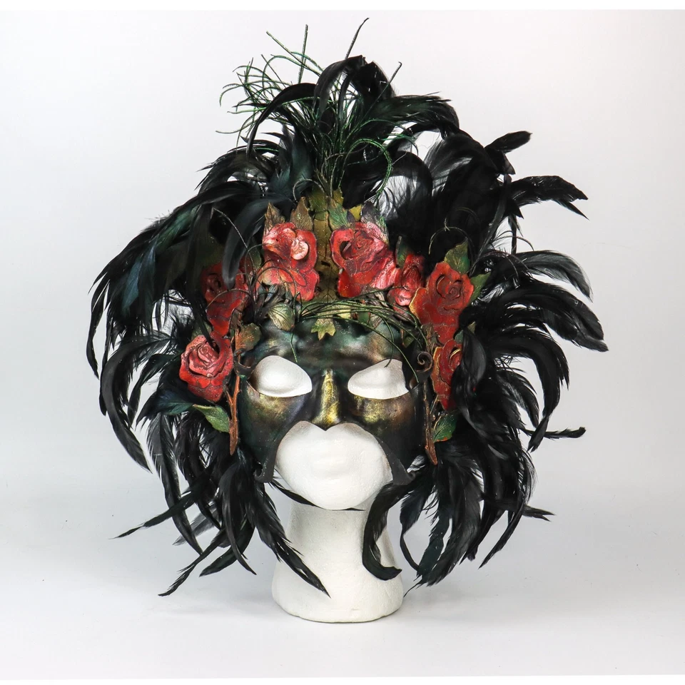 ArtsMyths Studio Large Leather and Feather Half Mask with Red Roses Masquerade - Image 2 of 4