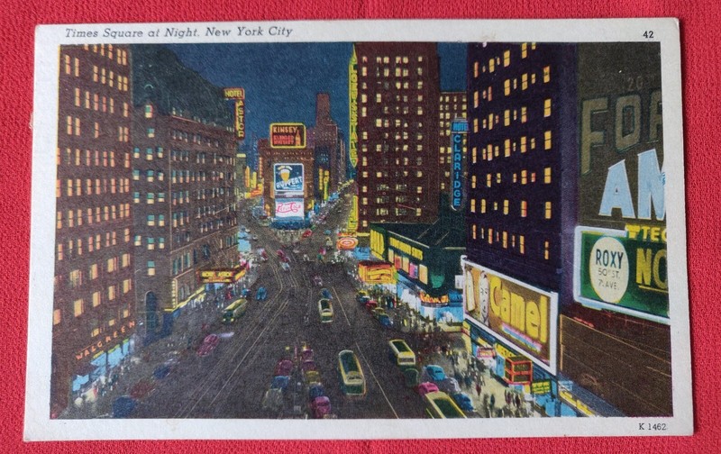1956 NY Postcard Times Square at Night Posted with 2 cent John Adams stamp
