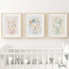 Baby Girl Woodland Nursery Prints, set of 3, Fox, bunny, Deer. Bedroom Decor