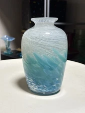 MCM Hand-blown Swirl Murano Cased Art Glass Vase Etched Signed 