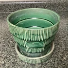 1950's-McCoy -Green -Basketweave-Planter/Flower Pot-with Attached Saucer