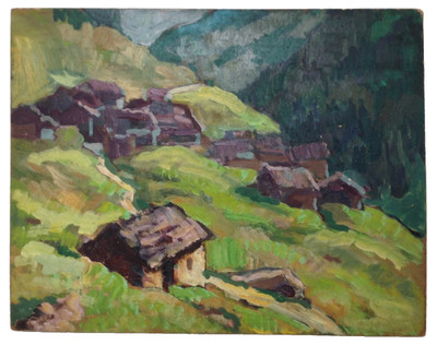 1930s SWISS MOUNTAIN HAMLET - PLEIN AIR RARE IMPRESSIONIST  ANTIQUE OIL PAINTING